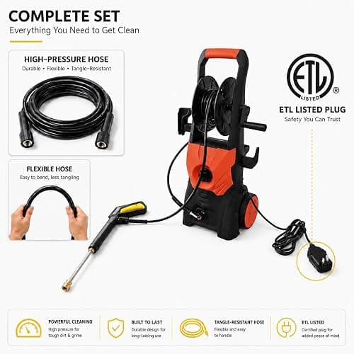 Nozzlpeak 3000 PSI Electric Pressure Washer, 2.3 Max GPM, 1625W, Orange Red | Comes with hose reel & 36ft cord, leak-proof design, 5 nozzles and foam pot to clean cars, fences and courtyards thumbnail 8