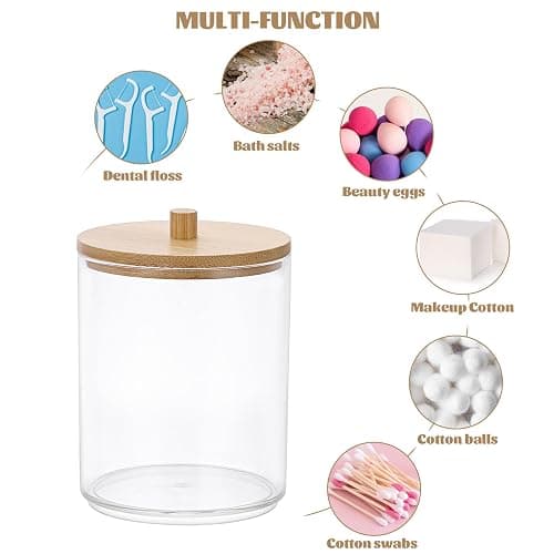SUMTree 2 Pcs 10 Ounce Plastic Cotton Swab Holder with Bamboo Lids | Acrylic Cotton Bud Qtip Holder Dispenser Bathroom Jar Canister for Bathroom Accessories for Bathroom, Vanity, Dressing Table thumbnail 5