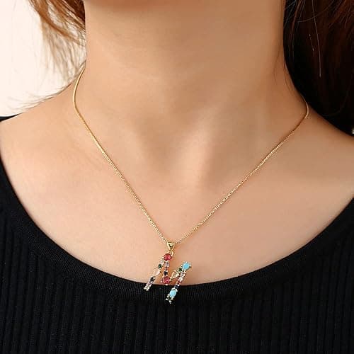 Eben-Ezer 18K Gold Box Chain Choker Initial Necklace Multi-Color Zircon Letter Pendant Script Name Custom Necklace for Women Gift Alphabet 26 A-Z thumbnail 2