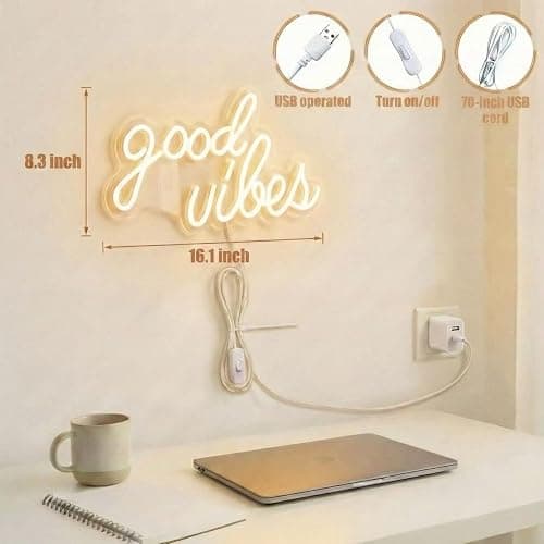 DECANIT Good Vibes Neon Sign Warm White, Boho LED Light for Wall Decor, Living Room, Wedding, Engagement Party, USB Powered 3D Art Holiday Gift, 16.1x8.3 Inch thumbnail 3