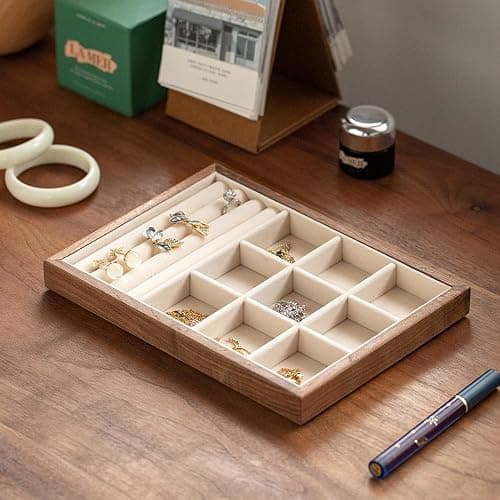 MIGAKU HOME 9 Grid +3 Line Black Walnut Wooden Jewelry Tray Organizer with Velvet Lining - Premium Jewelry Storage for Rings, Earrings, Brooches, LuxuryJewelry Drawer Organizer & Display Tray thumbnail 2