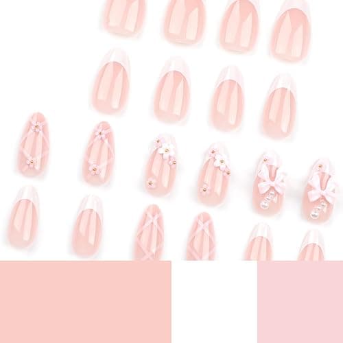 MouyouGlow Press on Nails Kurz,Almond Nude Weiß French 3D Bow Schleife Blumen Floral Pearl Sweet Coquette Fake Nails mit Nagelkleber,Y2K Baby Pink Lace Künstliche Fingernägel thumbnail 3