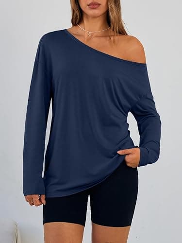 Trendy Queen Womens Off The Shoulder Tops Oversized Tshirts Long Sleeve 2025 Casual Basic Tees thumbnail 2