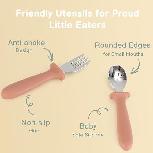 Eascrozn 6 Pack Toddler Utensils, kids Silverware with Silicone Handle, 18/8 Stainless Steel Children Safe Spoons and Forks Set Baby Feeding Essentials, Dishwasher Safe thumbnail 4