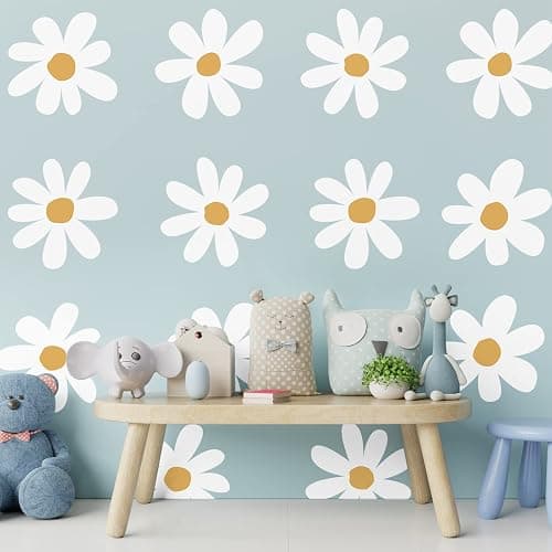 TaoBary 12 Sheet Daisy Wall Sticker Decal Removable Cute Daisy Bedroom Room Decor Flower Wall Sticker Pink White Flower Decal Wallpaper Peel and Stick for Nursery Home(White, Yellow,Vintage Style) thumbnail 4