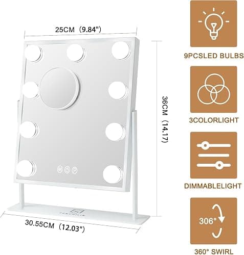 FENCHILIN Vanity Mirror with Light Lighted Makeup Mirror Vanity Smart Touch Control 3Colors Dimmable Detachable 10X Magnification Tabletop 360°Rotation(White) thumbnail 2