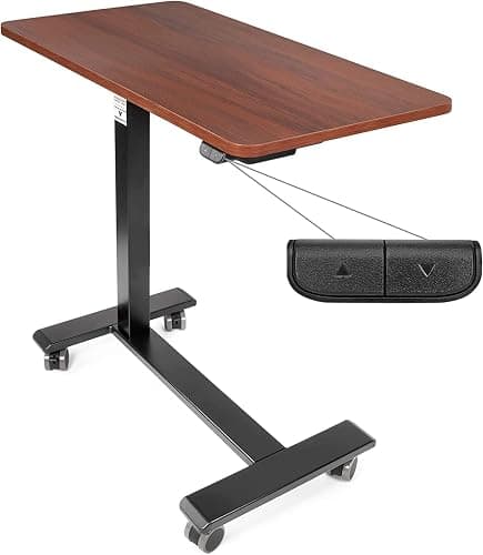 Vaunn Medical Electric Overbed Table Bedside Height Adjustable Table with Wheels (Electric-Powered, Hospital and Home Use) - Brown (Organic Modern) - Image 1