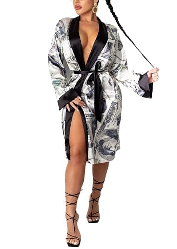 Andannby Women Money Print Silky Robes Long Sleeve Dollars Pattern Kimono Satin Robe Pjs Loungewear Sleepwear - Image 1
