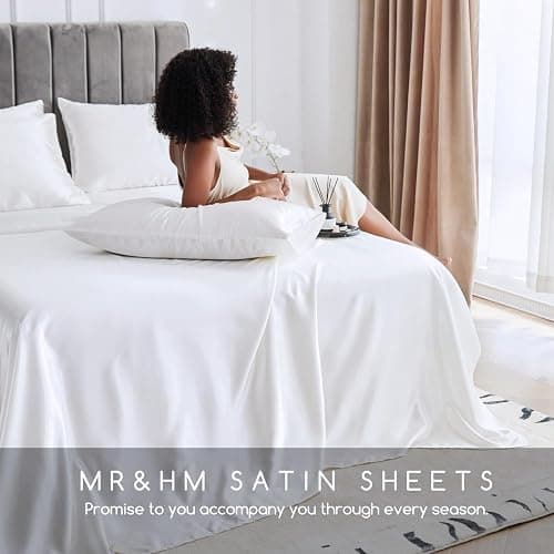 MR&HM Satin Bed Sheets, Full Size Sheets Set, 4 Pcs Silky Bedding Set with 15 Inches Deep Pocket for Mattress (Full, White) thumbnail 7