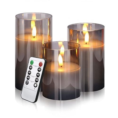 ILEEDear Bougies Led, Bougie Led Flamme Vacillante, Lot De 3 (10cm, 12.5cm, 15cm), Réaliste Effet De Verre, Bougie Decorative, Halloween Decoration, Aesthetic Room Decor, Intérieure Extérieure, Gris thumbnail 7
