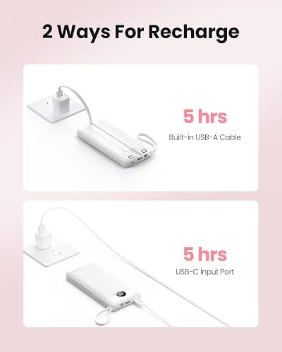Coowisty Portable Power Bank, 10000mAh Slim Portable Charger with Built-in Cables, External Battery Pack 5 Outputs 2 Inputs LED Display Compatible with iPhone/Android & More (White) thumbnail 6