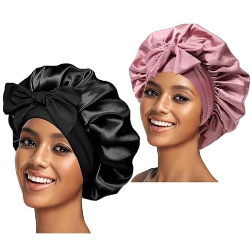 2PCS Silk Bonnet for Women, Satin Bonnet for Sleeping, Large Sleep Cap with Elastic Tie Band for Curly Hair (Bean Paste Pink+Black) - Image 1