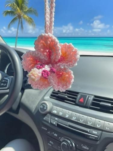 Hibiscus Flower Car Hanging Ornament,Crochet Hawaiian Tropical Flowers Bag Charms Decor Car Rear View Mirror Beach Accessories (Pink) - Image 1