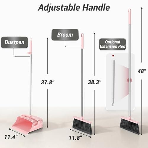 Zeawec Broom with Dustpan Combo Set, Long Handle Upright Standing Self-Cleaning Broom and Dustpan Set for Pet Hair & Dust Cleanup, Indoor Outdoor Use for Home, Kitchen, Office, Pink thumbnail 2