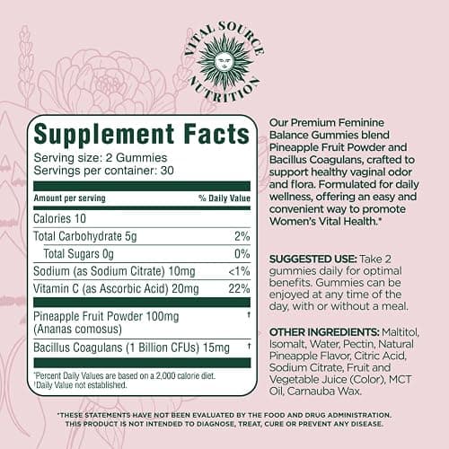 Vital Source Nutrition - Premium Feminine Balance Gummies - for Women’s Health & Wellness - Immune Support - Vegan, Gluten-Free - Hawaiian Pineapple - 60 Gummies - 30 Servings thumbnail 4