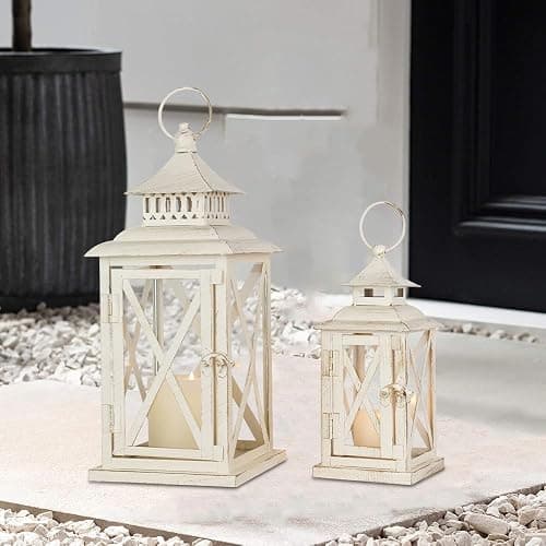 Lanterns Decorative Outdoor&Indoor, Set of 2 (14"&10") Beige Metal Lantern Decor with Glass, Candle Holder for Porch, Patio, Garden, Balcony, Wedding, Table Centerpiece thumbnail 2