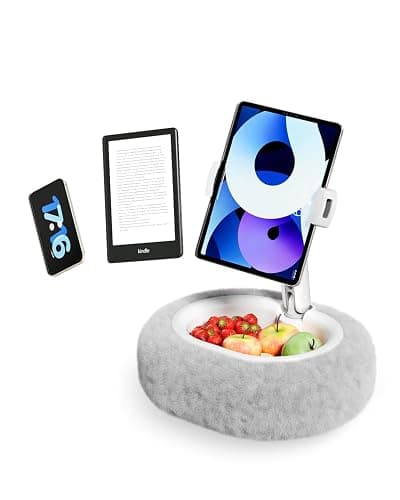 SupeDesk Kindle Pillow Stand – Soft Grey Fuzzy Tablet Holder with Storage Bowl, Hands-Free Lap Stand for Bed, Couch – Compatible with Kindle, iPad, Phones & E-Readers (Gray) - Image 1