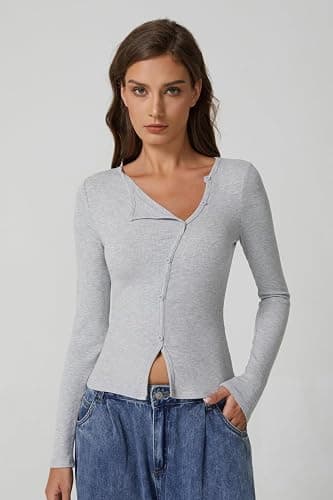 QINSEN Women's Long Sleeve Ribbed Crewneck Shirts Upper Button Fastening Going Out Tops thumbnail 5