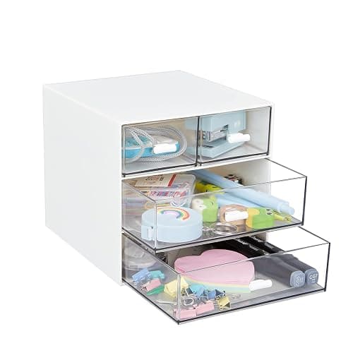 Desk Organizer with 4 Drawers, Clear Plastic Desk Storage Box, Desktop Organization for Office Supplies, Gel Pens, Pencils, Markers, Tape, Erasers, Paperclips, Chargers (White-4 Draws) thumbnail 4