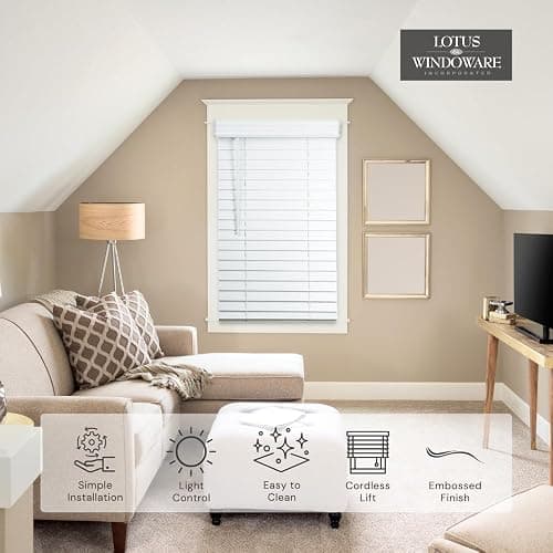 Lotus & Windoware Cordless, 2 Inch Faux Wood Blind, 34.5" Wide x 60" Long, Window Blinds, Blinds & Shades, Blinds for Indoor Windows, Embossed, Bright White - Image 1