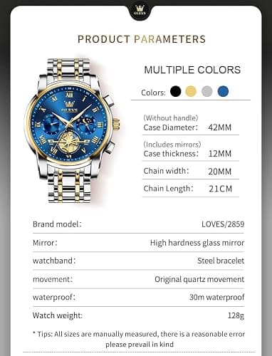 OLEVS Mens Watches Waterproof Stainless Steel Adjustable Bracelet Watch Quartz Analog Watch for Men Fashion Business Classic Mens's Wrist watch's Casual Watches Gold/Blue/Black/White/Face/Dial thumbnail 9