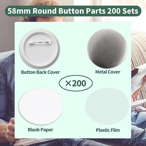 Mostme 200 Sets 58mm/2.25 inch Button Supplies Button Parts for Buttons Maker Machine 58mm, Round Badge Blank Buttons Pins, Includes Plastic Pin Back Cover, Metal Cover, Clear Film&Blank Paper thumbnail 2