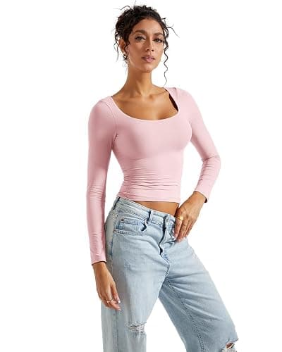 SUUKSESS Women Double Lined Fitted Basic T Shirts Scoop Neck Long Sleeve Crop Top thumbnail 2
