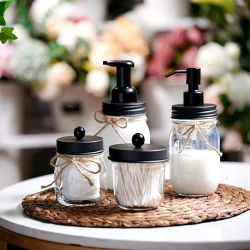 Amolliar Mason Jar Bathroom Accessories Set 4 Pcs -Lotion Soap Dispenser & 2 Cotton Swab Holders & Toothbrush Holder - Rustic Farmhouse Decor, Bathroom Home Decor, Perfect Decorating Idea (Black) thumbnail 7
