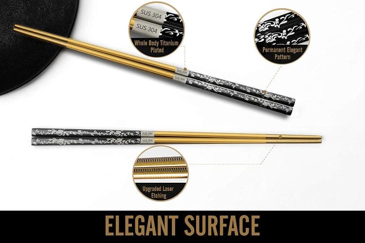 Chopsticks Reusable Titanium Plated Metal Chopsticks 304 Stainless Steel Chopstick Dishwasher safe Japanese Korean lightweight Engraved Anti-slip Chop sticks for Eating 2 Pairs Gift Set Black Gold thumbnail 2
