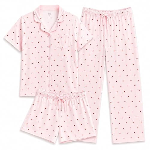 US Angels Girls Pajama Set 3 Piece, Short Sleeve Button Down PJs with Shorts & Pants, Soft Sleepwear Girls & Tweens Size 5-16 - Image 1