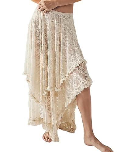 Yimoon Women's Floral Lace Long Skirts Elastic Asymmetrical Layered See-Through Maxi Skirts Sexy Sheer Flowy Beach Skirt - Image 1