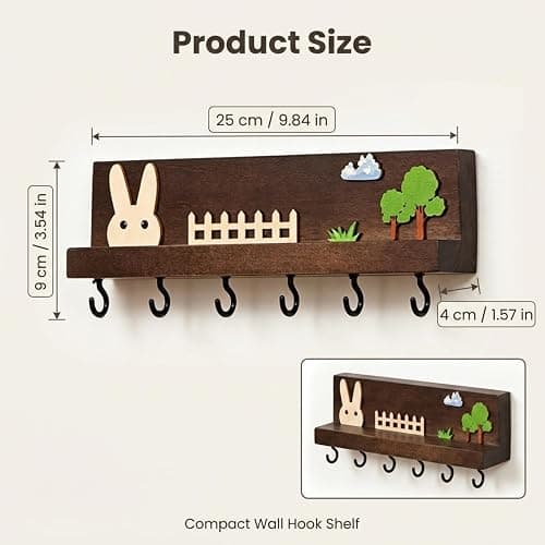 Raoletin Wooden Kids Coat Hooks Wall Mounted with 6 Hooks, No Drill Cute Bunny Woodland Theme Coat Rack, Glue-On Nursery Decor Hanger for Coats, Hats, Backpacks, Towels, Bedroom & Playroom thumbnail 2