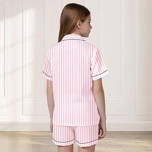 SANGTREE Unisex Kids Pajamas 2 Piece Set Short Sleeve Silky Button Down Sleepwear Loungewear for Boys & Girls Ages 5-14 Years thumbnail 2