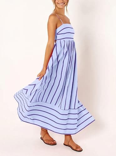 chouyatou Women's Striped Back Smocked Maxi Dress Sexy Spaghetti Strap Cut Out Flowy Swing Long Dress thumbnail 4