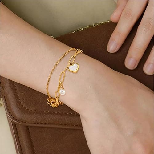 SpetngSake Armband Damen Gold,Verstellbar Armbänder Gold,Bracelet Gold Schmuck Damen,Gold Armband Damen Wasserfest,Charm Goldenes Armbänder Damen,Kette Armkette mit Herz Anhänger,für Frauen Mädchen thumbnail 6