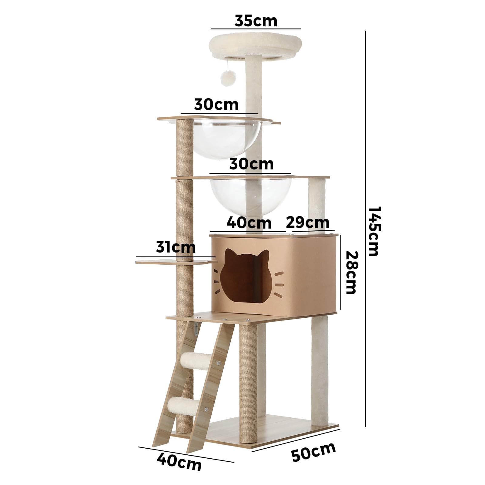 Wooden Cat Tree Tower, Cat Towers with Plush-Covered Scratching Posts, Activity Balls and Detachable Sleeping House, Multi-Level Cats Condo for Indoor Cats Kittens Play, 145x40x50cm, Natural thumbnail 7