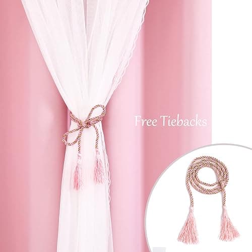 SOFJAGETQ Pink Curtains 84 inch Length - Double Layers Blackout and Sheer with Lace Hem Window Curtains & Draperies Panels for Kids/ Girls Bedroom Living Room Nursery, 2 PCs - 52 x 84 White thumbnail 6