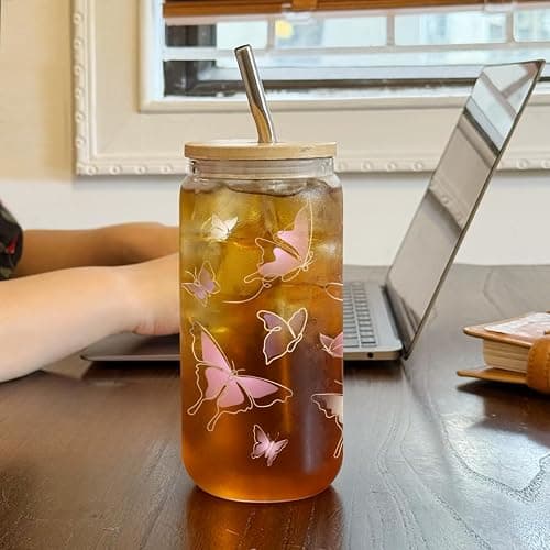 Niyorayna Pink Butterfly Gifts for Women,Sister,Daughter,Mom,Her,Friends,Aesthetic Idea Christmas Birthday Thanksgiving Gifts,Butterfly Tumbler Coffee Can Glasses with Lids and Straws 16oz 41 thumbnail 6