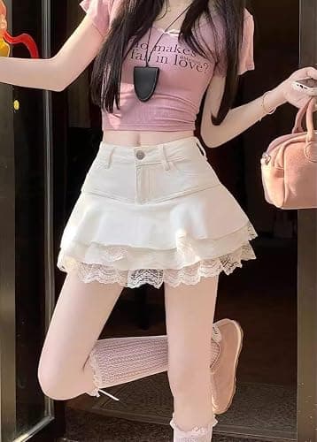 Y2K High Waist Denim Mini Skirt for Women - Layered A-Line Skater Skirt with Lace Trim, Casual Streetwear thumbnail 2