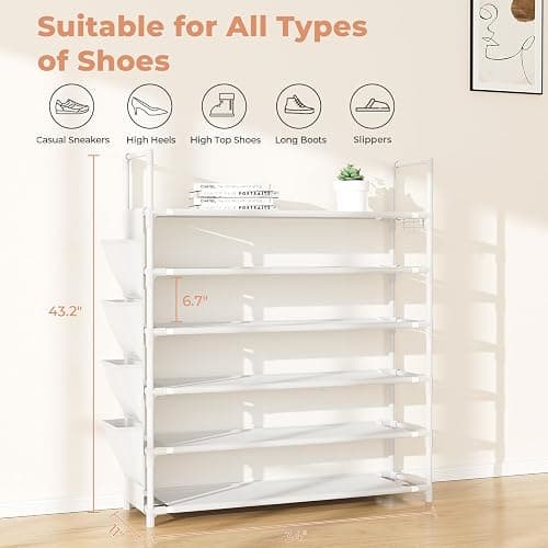 LANTEFUL 6 Tier Shoe Rack Storage for 24-30 Pairs Shoe and Boot, Shoe Organizer with Hook and Side Pocket Free Standing Long Shoe Shelf Tall Shoe Rack Organizer for Closet, Entryway, Dorm, White thumbnail 3