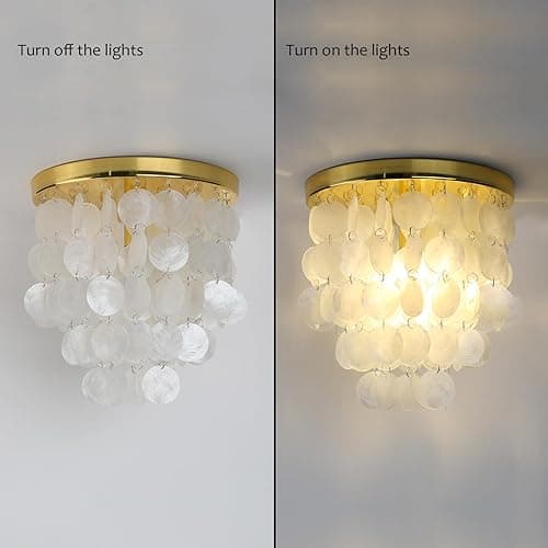 Pathson Modern Shell Ceiling Light Fixture Brass Gold Finish, Hardwired Flush Mount Lighting Includes Bulb, Vintage Capiz Shell Ceiling Chandelier Lamp for Hallway Entryway Living Room Bedroom thumbnail 9