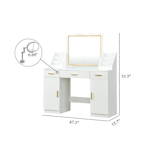 Sylvan Gravity Large Vanity Desk with Mirror and Lights,Makeup Vanity Desk with Folding up Mirror,2 Makeup Organizers and Outlet,for Bedroom,White thumbnail 2