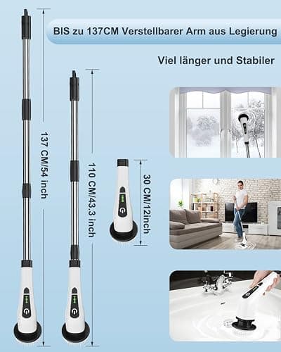 Elektrische Reinigungsbürste,Electric Spin Scrubber schnurlos mit 8 austauschbaren Bohrbürstenköpfen, Wanne und Bodenfliese mopSet mit 137cm verstellbarem Griff für Bad Küche Auto Fußboden (Weiß) thumbnail 2