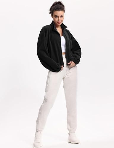 THE GYM PEOPLE Women's Fleece Cropped Jacket Full Zip Stand Collar Workout Short Sherpa Coats with Pockets Drawstring Hem thumbnail 3