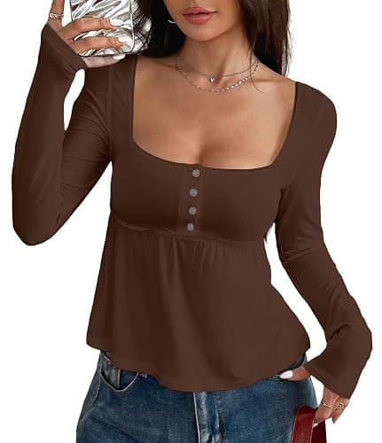 AKLOPVII Women Cute Picot Trim Peplum Crop Babydoll Tops Y2k Front Button Down Square Neck Long Sleeve Cropped T Shirts - Image 1