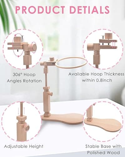 TINDTOP Beech Wood Embroidery Hoop Stand, with 3pcs Embroidery Hoops (3inch + 6inch + 8inch), Adjustable Rotated Wooden Embroidery Hoop Holder for Cross Stitch and Embroidery Projects thumbnail 6