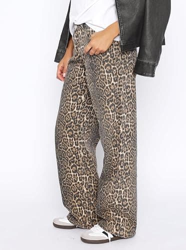Justalwart Women's Leopard Print Mid Rise Light Weight No Stretch Wide Leg Pants Baggy Jeans thumbnail 3
