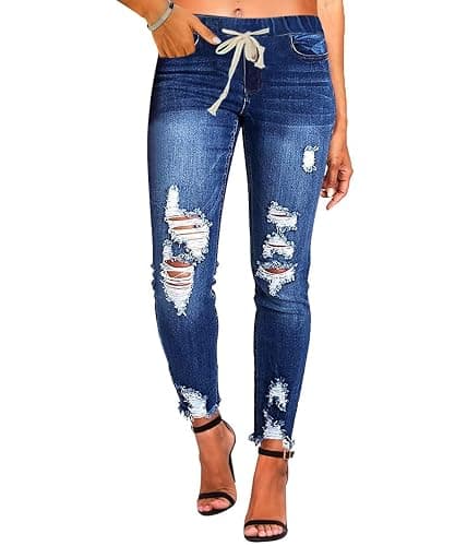 KUNMI Women High Waist Skinny Stretch Ripped Jeans Destroyed Denim Pants Plus Size - Image 1