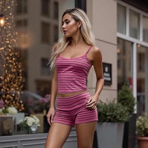 DSORVICD Women Y2K Striped Pajama Set Sleeveless Slim Crop Cami Tank Fold Over Shorts Teen Girls Cute PJ Sets thumbnail 4