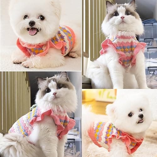 Anelekor Small Dog Sweater, Knitted Tulip Cat Sweater, Warm Thick Holiday Puppy Clothes for Small Dog Girl,Cold Weather Outfit for Kitten Chihuahua Yorkie Teacup Dachshund Pug (Pink, X-Small) thumbnail 5
